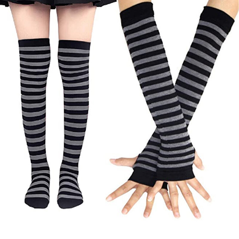 1 Set Frauen Mädchen Über Knie Lange Streifen Gedruckt Oberschenkel Hohe Baumwolle Socken Arm Hülse Handschuhe Süße Nette Plus Größe overknee Socken