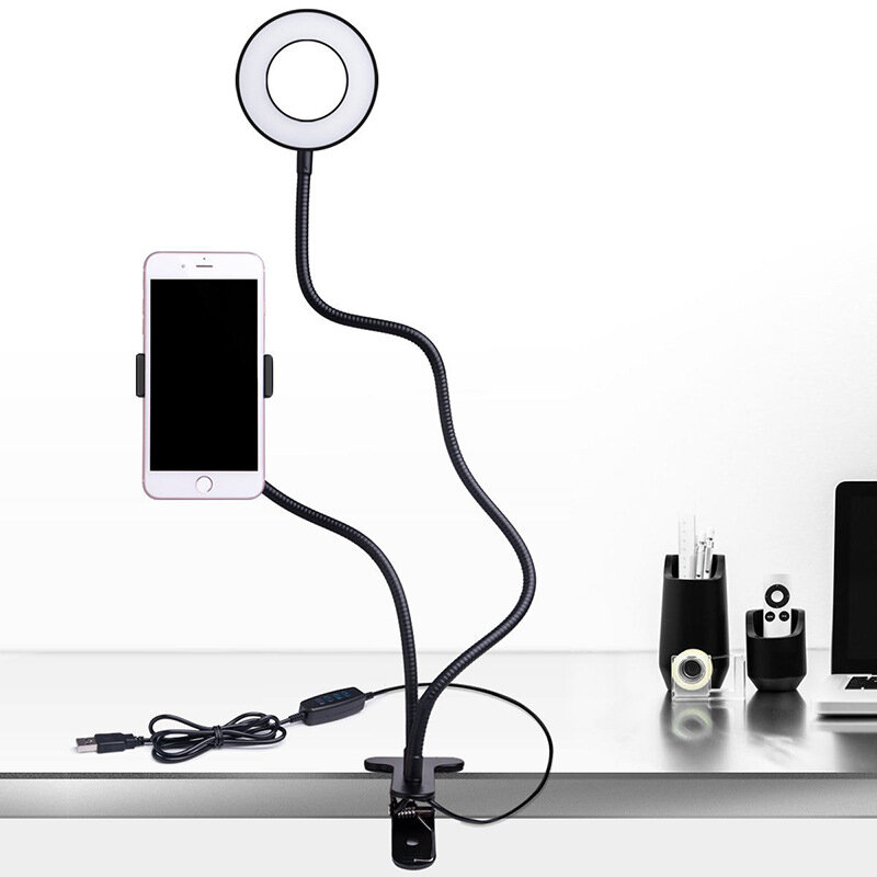 Anillo de luz LED con soporte para teléfono móvil, iluminación en vivo para selfi, estudio fotográfico, Youtube, Streaming en vivo, lámpara de maquillaje, soporte de Clip alimentado por USB