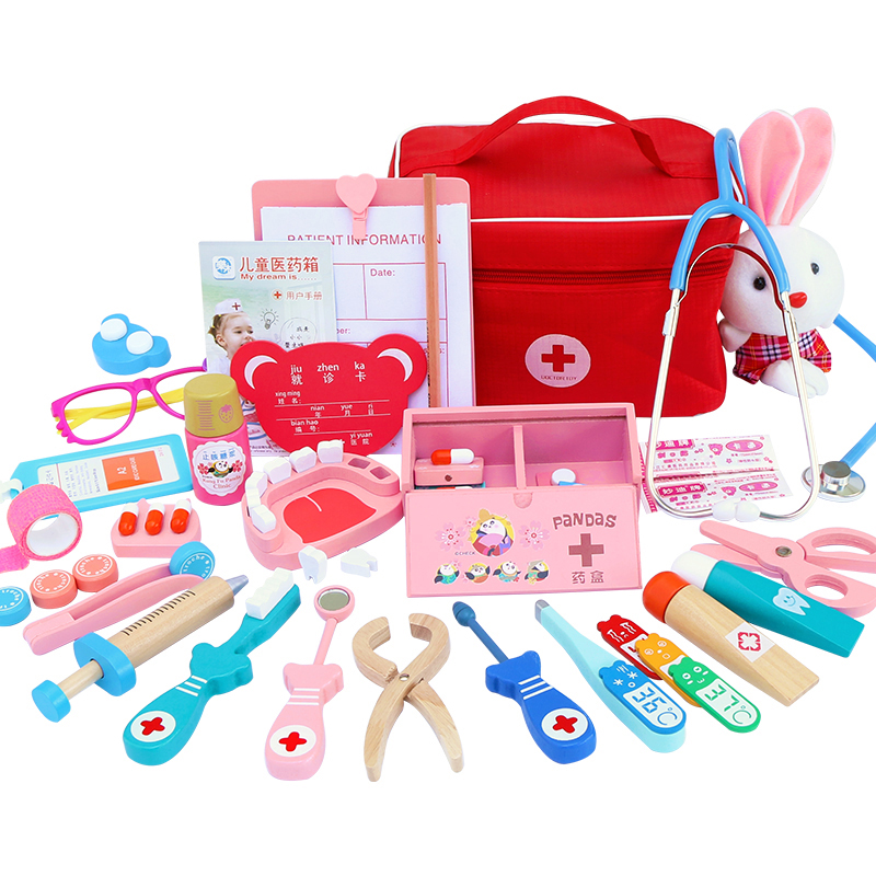 Arzt Spielzeug für Kinder Set Kinder Holz Pretend Spielen Kit Spiele für Mädchen Jungen Red Medical Zahnarzt Medizin Box Tuch taschen