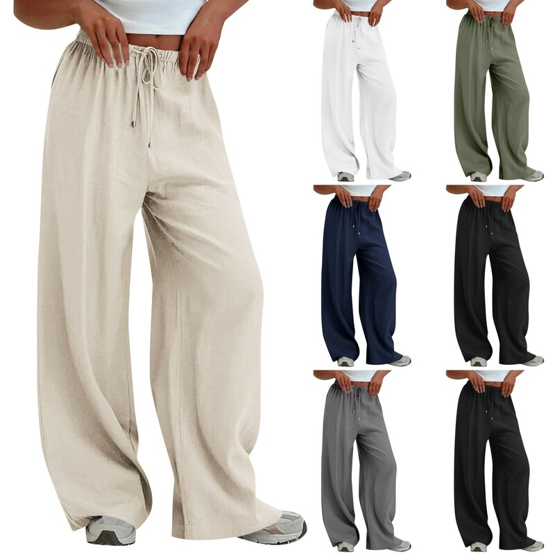 Pantalones de pierna recta holgados para mujer, pantalones largos de cintura elástica con cordón, pantalones casuales con bolsillos, tendencia que combinan con todo, Color sólido