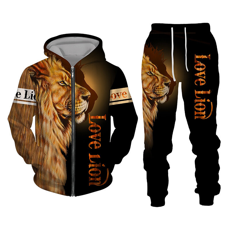 Pakaian Olahraga Pria Musim Gugur dan Dingin 3D Motif Singa Ritsleting Hoodie Sweter Set Celana Kasual Pria Pakaian Olahraga Wanita