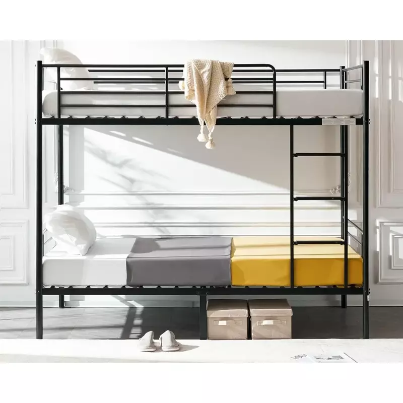 Łóżko piętrowe bliźniak dla dzieci, nastolatków i dorosłych łóżko piętrowe ze schodami i płaskimi szczeblami, wytrzymałe metalowe listwy, czarne łóżka