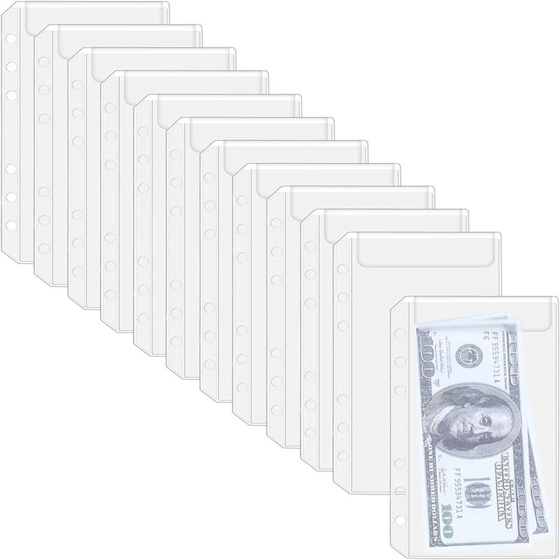 12 Pcs Binder Budget Pockets A6 Size 6-Holes Cash Budget Envelopes PVC Loose Leaf Bags Insert Pages for 6-Ring Notebook Binder