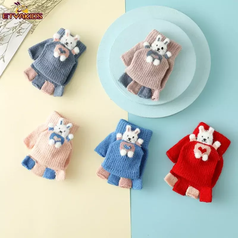Cartoon Bunny Plush Kids Winter Warm guanti Outdoor antivento mezze dita Flip guanti per bambini 3-6 anni ragazzi ragazze