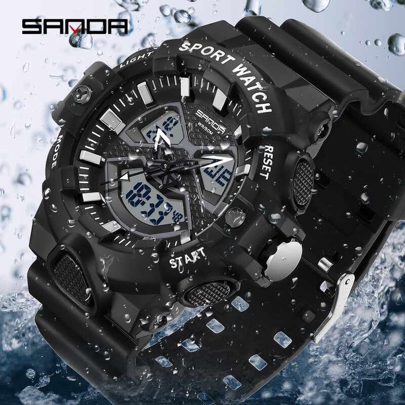 SANDA Men Watches 50m Waterproof Sports Watch Military Man Sports Watch Digital 3150 Dual Display Watch Quartz Led Digital