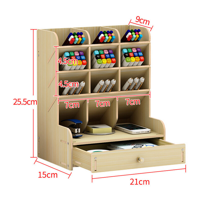 Wooden Desk Organizer DIY Pen Pencil Holder Storage Rack Box with Drawer Memo Pad for Office School Home Supplies
