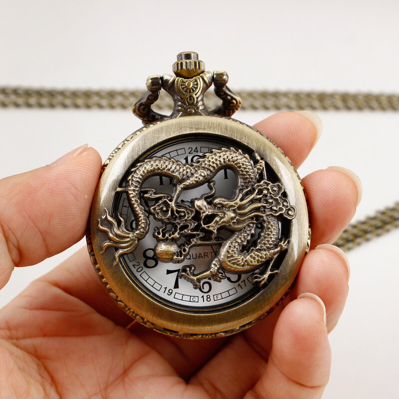 Chinoiserie ثلاثية الأبعاد منحوتة التنين الجوف كوارتز الجيب ساعات جمع رجالي ساعة خمر مع سلسلة دروبشيبينغ