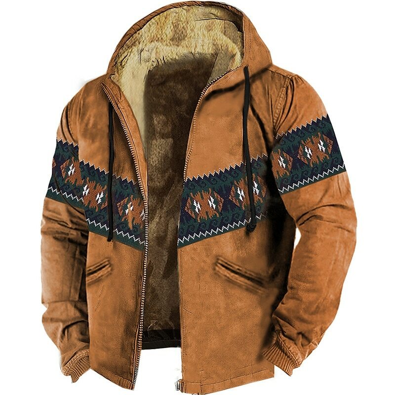 Hoodie ritsleting pria, pakaian luar jaket Sweatshirt lengan panjang musim dingin pola tradisional