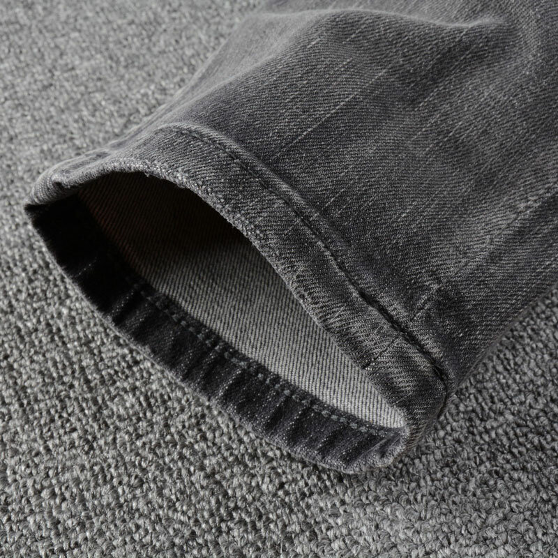 Estilo italiano moda masculina calças de brim retro cinza escuro elástico ajuste fino rasgado calças de brim do desenhista do vintage calças de brim hombre