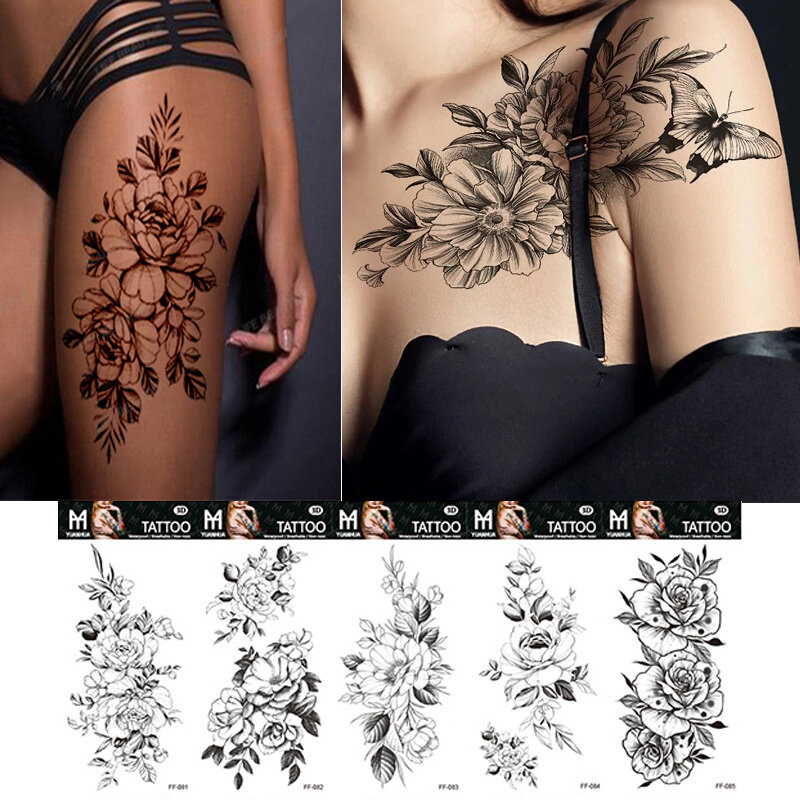Schwarz große Schlange Blume gefälschte Tattoo Aufkleber für Frauen Dot Rose Pfingstrose temporäre Tattoos diy Wasser Transfer Tatoos Mädchen