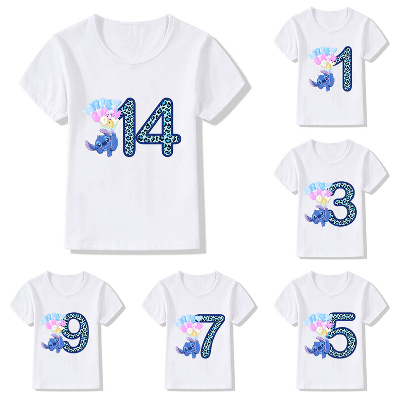 Disney-Camiseta infantil Lilo e Stitch dos desenhos animados, camisetas infantis, tops kawaii, manga curta, roupas casuais, anime, número 1-14