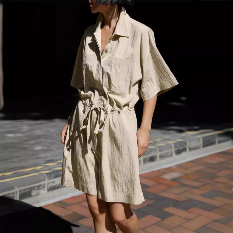 Johnature Korean Wide Leg Short Jumpsuits 2024 Summer New Casual Loose Turn-down Collar Tie Solid Color Women Bodysuits