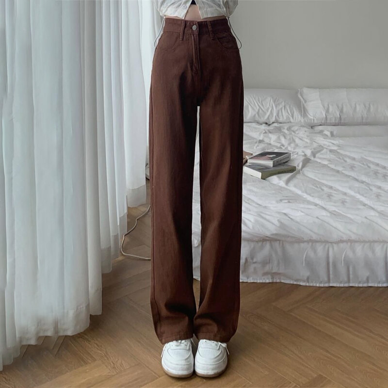 Джинсы женские с завышенной талией, свободные прямые широкие брюки из денима, повседневные винтажные мешковатые брюки, Y2k, летние коричневые