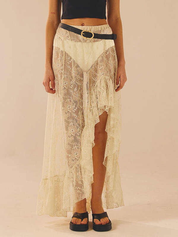Женская Прозрачная Кружевная Асимметричная длинная юбка, винтажная юбка миди с высокой талией и асимметричным подолом с оборками по краям, юбка с цветами
