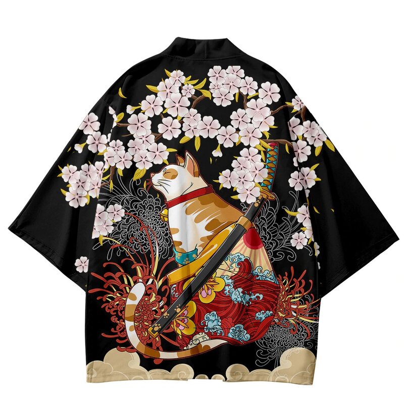 Kimono japonais imprimé chat pour hommes et femmes, cardigan Harajuku, chemise entrante, kimono de samouraï