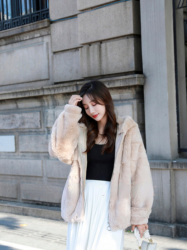 Jaket bulu asli musim dingin wanita bulu kelinci Rex alami bertudung tebal hangat pakaian luar Streetwear ritsleting mantel bulu asli kasual