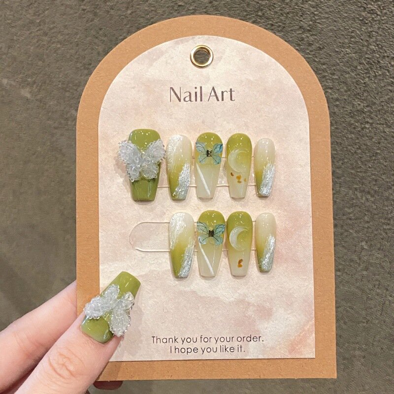 10pc Flash Green Cat Eye Spring Summer French Ballet False Nails With Butterfly pendant diamond long coffin press on nails Glue