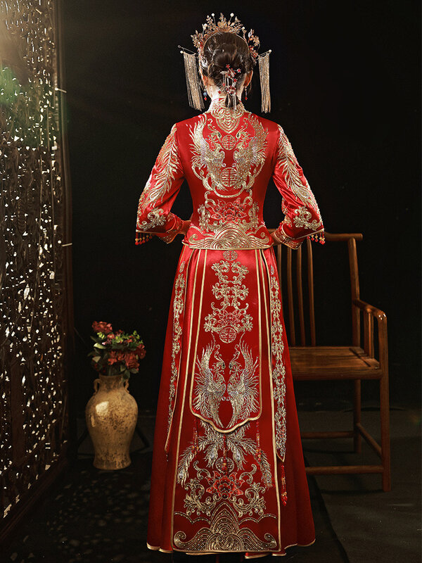 Свадебное платье с вышивкой Феникс и дракон, элегантный китайский Чонсам с воротником-стойкой, Изысканный свадебный комплект