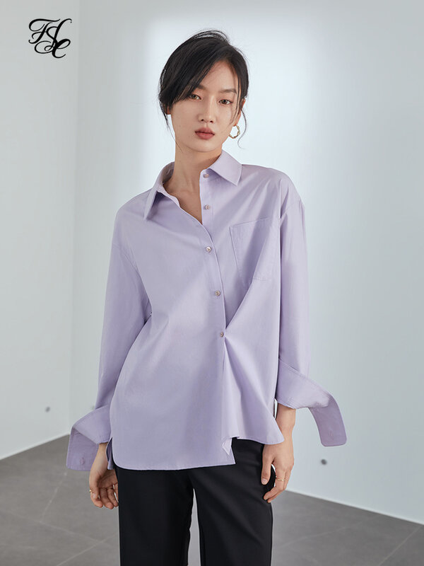 FSLE-Blusa informal Multicolor para mujer, camisa de manga larga lisa con botones, Top blanco elegante para primavera