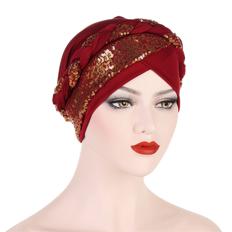 Sequins Braids Women Muslim Hijabs Turban Chemo Cap Beanies India Bandana Cancer Headwear Head Wrap Ladies Scarf Hair Loss Hat