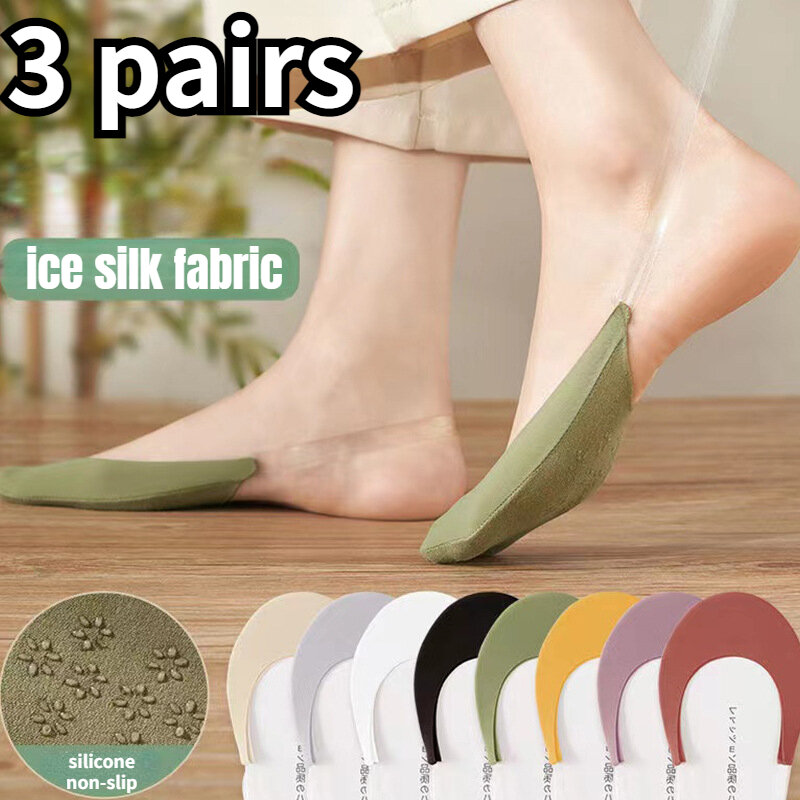 Kaus kaki tapak Tidak terlihat wanita, Kaos Kaki silikon anti-selip untuk sepatu hak tinggi sutra es tipis Suspender setengah telapak tangan baru 3 pasang
