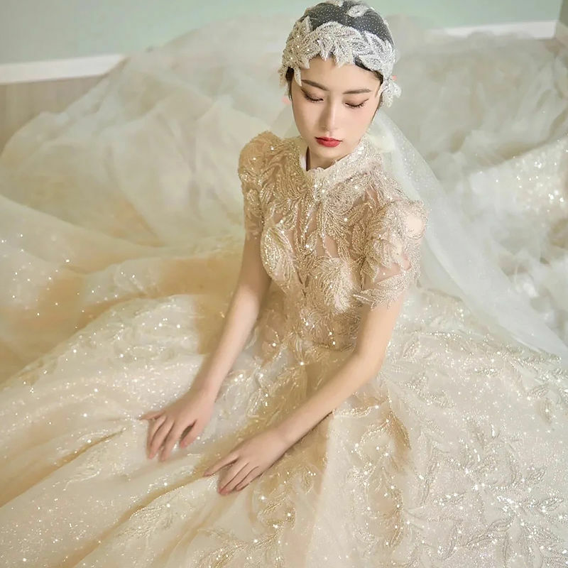 Luxury A Line Women Wedding Dress Princess High Neck Glitter Sequins Lace Up Back Bridal Gown Marriage Robe De Mariée