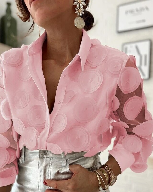 Women's Fashion Floral Pattern Long Sleeve Top Semi-Sheer Mesh Patch Design Women Casual Button Loose Elegant Blouses