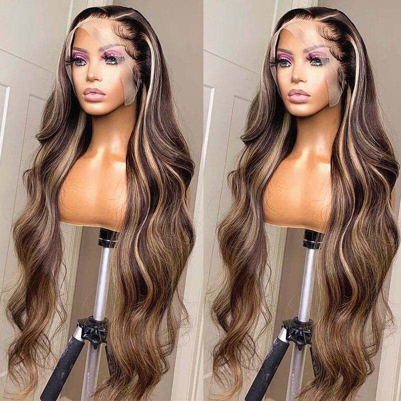Highlight Body Wave 4/27 Ombre 13x6 Lace Frontal Human Hair Wig Free Bang Brazilian Remy 40 inch 13x4 Lace Front For Women