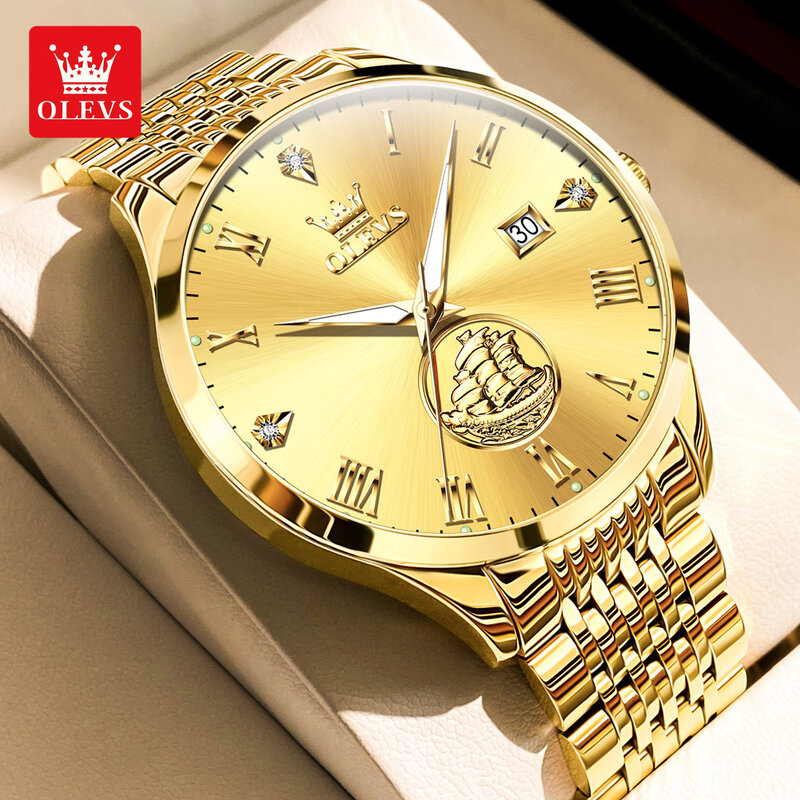 OLEVS 남성용 비즈니스 시계, 최고 브랜드 럭셔리 기계식 시계, 스테인리스 스틸 방수 야광 달력 패션 시계