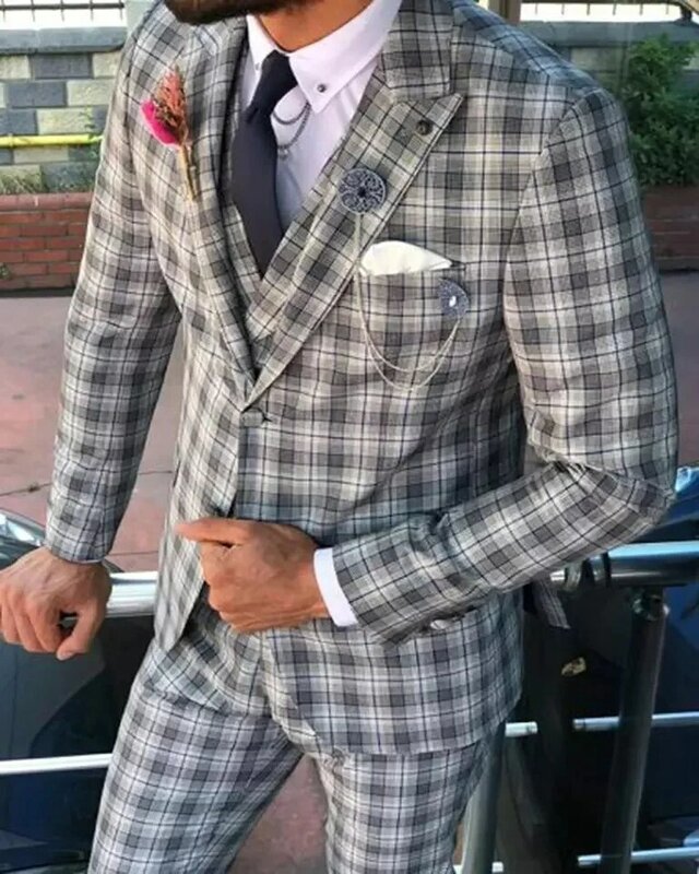 Tailor Made Xadrez Mens Ternos Clássico Formal Negócios Blazer Casamento Noivo Tuxedo 3 Peça Define Costume Homme (Jacket + Vest + Calças)