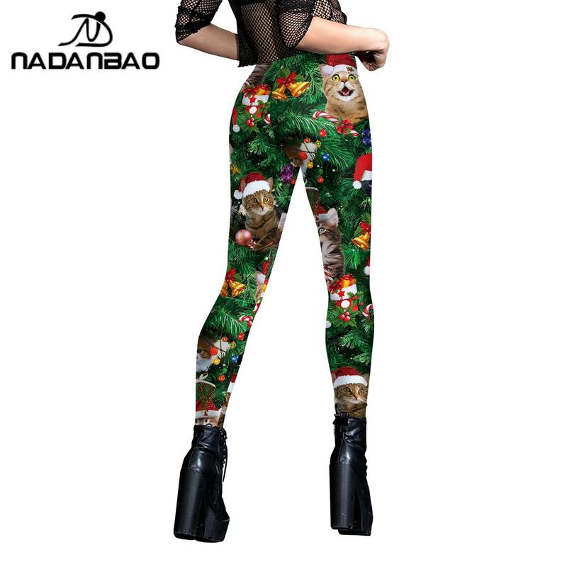 Nadanbao Cat Printed Christmas Leggings Women Sexy Tights Holiday Party Trousers Girls Fashion Mid Waist Pants Elastic Workout