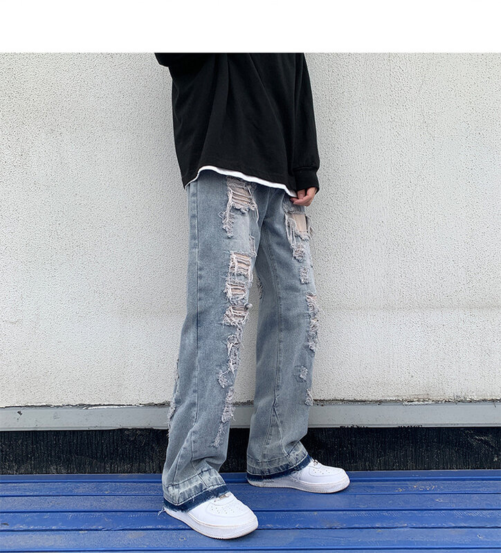 Jeans Ramping Pas Musim Semi Musim Panas untuk Pria Celana Jeans Lubang Hip Hop Celana Homme Ramping Denim Tekanan Gaya Korea