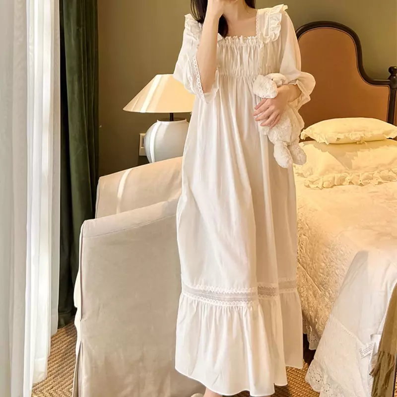 Vestido noturno branco vitoriano para mulheres, algodão puro, renda sexy, babados, roupão de manga comprida, pijamas Peignoir, camisolas vintage