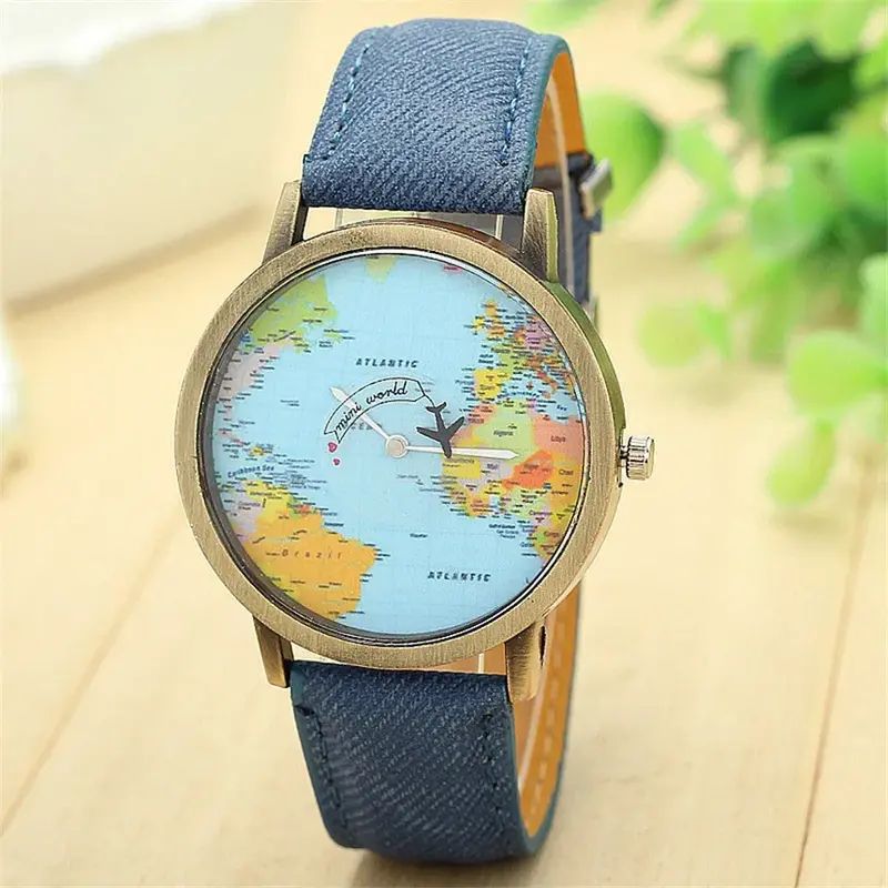 男性と女性のためのクォーツ時計,ユニセックスの世界地図,飛行機の旅行,革の腕時計,用途の広い