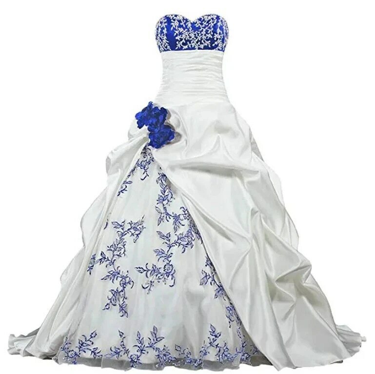 Gaun pengantin Satin garis sulaman antik gaun pengantin buatan tangan leher Sweetheart Ruched bunga putih dan biru gaun pengantin kereta