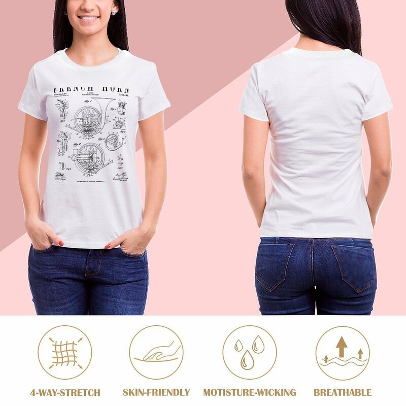 T-shirt de impressão de desenho antigo vintage feminino, Old French Horn, roupas fofas, camisetas para mulheres, camisetas gráficas