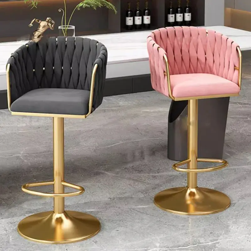 Kursi Bar santai dapat diatur, desain punggung sederhana Modern, kursi putar Nordik beludru emas nyaman furnitur rumah