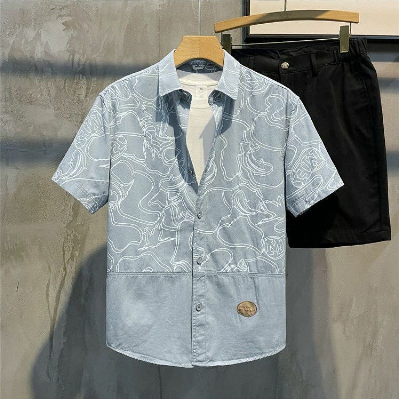 Elegante moda Harajuku Slim Fit Ropa Hombre allentato Casual All Match camicia sportiva collo quadrato bottone stampato manica corta Blusa