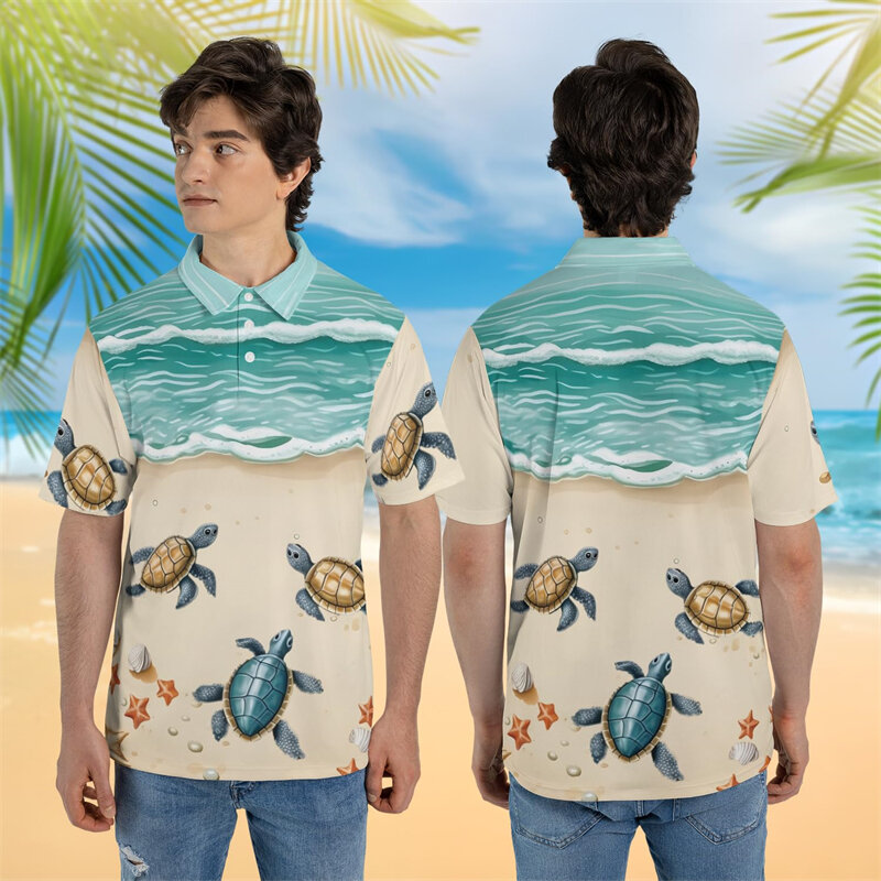 Polo gráfico tartaruga marinha masculina, camisa havaiana para férias, roupa aloha, manga curta, tops de botão, casual, verão