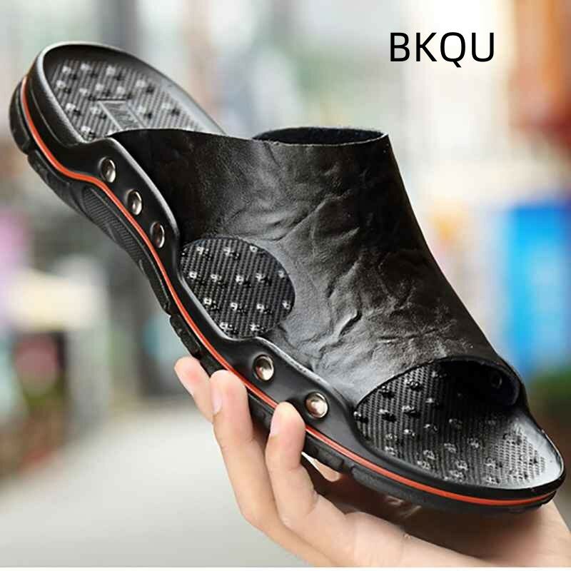Genuine Leather Slippers for Men Casual Big Size Wear-Resistant Non-slip Fashion Flat Breathable Comfortable Shoes Summer Main