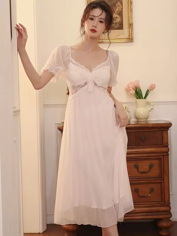 French Victorian Nightdress Short Sleeve Pajamas Women Summer Mesh Sexy V-Neck Lace Fairy Princess Homewear Princess Nightgowns