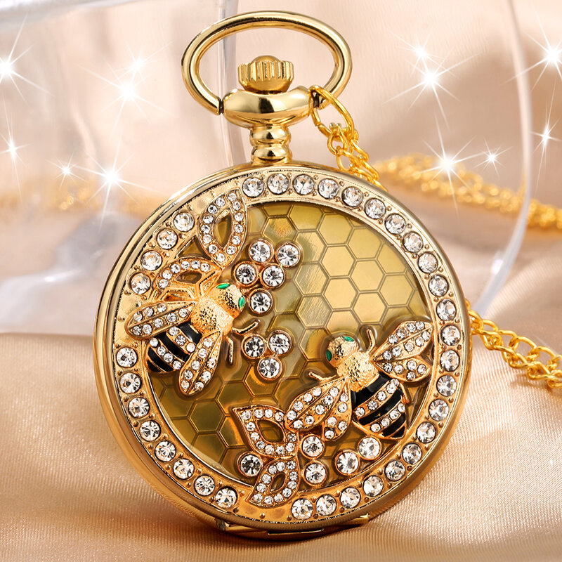 Роскошные Украшенные пчелами Стразы с арабскими цифрами кварцевые карманные часы с ожерельем элегантные золотые женские карманные часы с подвеской подарки