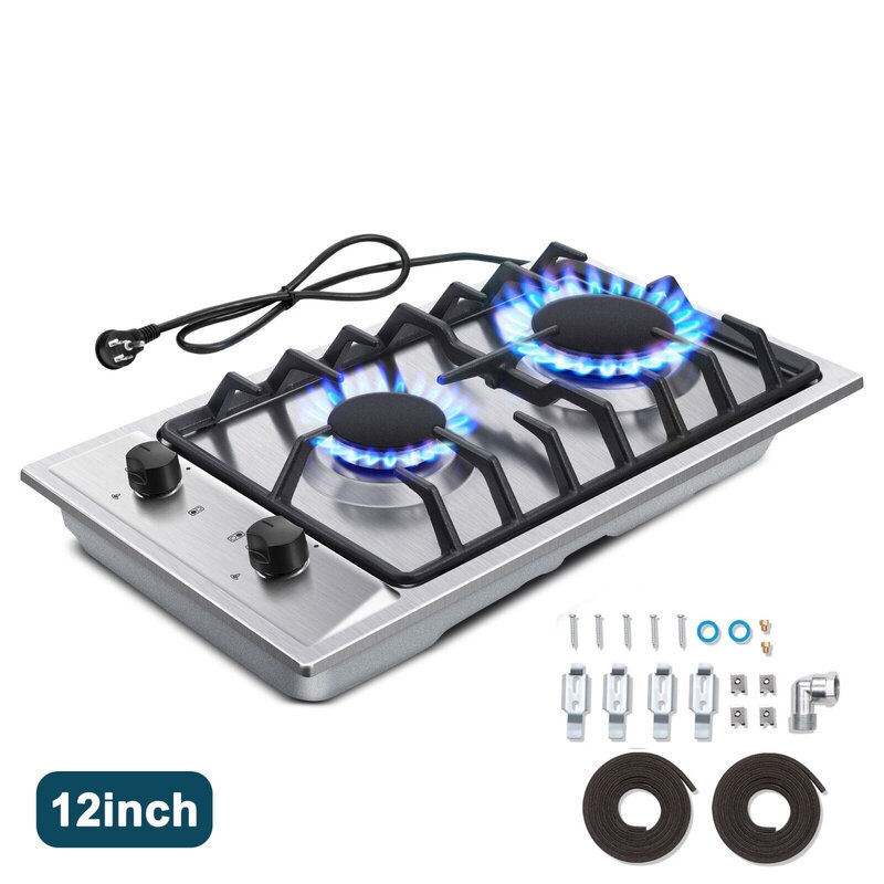 Tieasy 2-Burners 12 inch Stainless Steel Kitchen Gas Hob NG/LPG Convertible Gas Cooktop GH001-122S