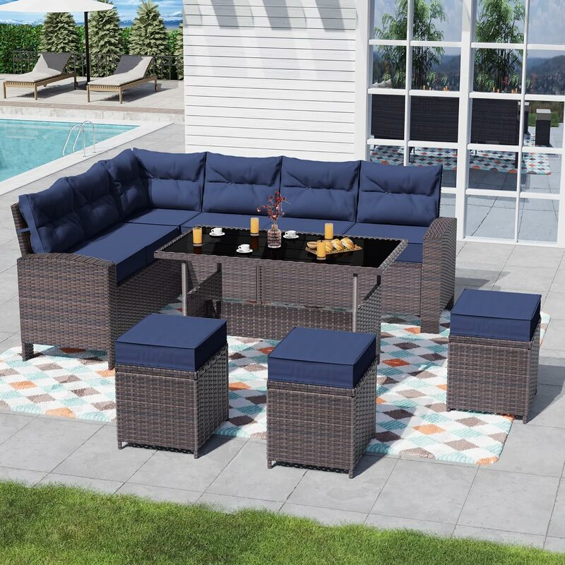 7 Pieces Patio Furniture Set Outdoor Sectional Sofa All Weather Wicker Rattan Conversation Set w/3 Loveseats,1 Dining Table
