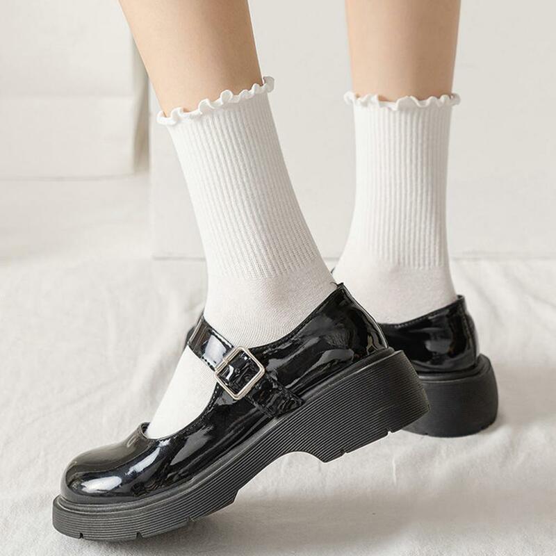 1 Paar Sokken Voor Vrouwen Ruches Katoen Middenbuis Enkel Kort Ademend Zwart Wit Set Lente Herfst
