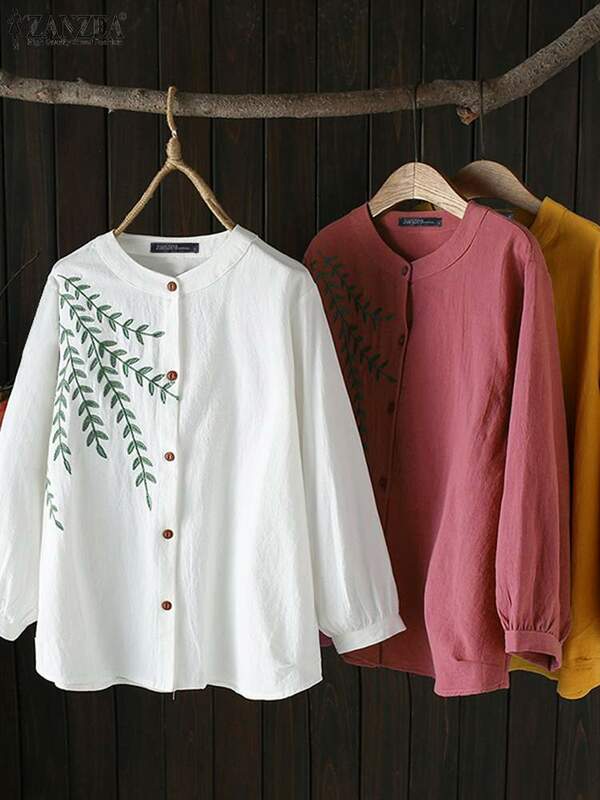 ZANZEA-camisa holgada con botones para mujer, blusa bordada con cuello redondo de gran tamaño, Tops informales de manga larga, 2024