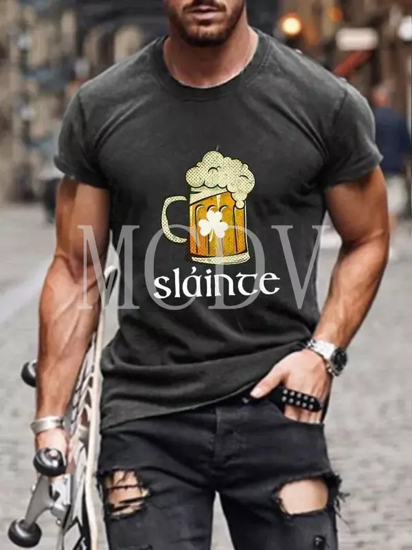 Camiseta de manga corta con cuello redondo para hombre, camiseta informal con estampado 3D de Slainte Shamrock Beer, 2023
