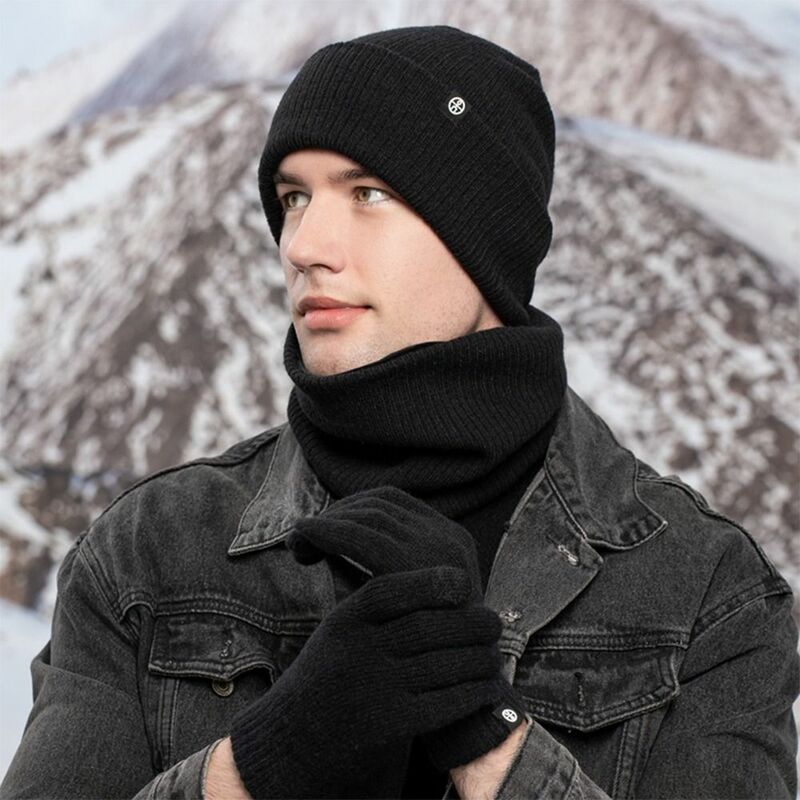 Conjunto de gorro de lana cálido para hombres y mujeres, bufanda de cuello informal suave, guantes, regalos de invierno
