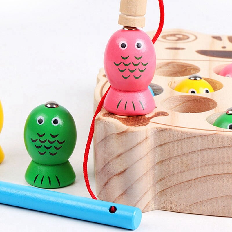 Permainan memancing magnetik dasar katak mainan kayu bayi perlengkapan memancing edukasi untuk anak-anak