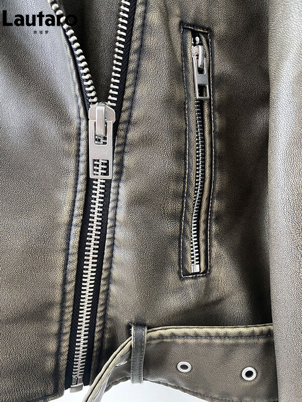 Lautaro-curto pu jaqueta de couro motociclista para as mulheres, solto, zíper, retro, moda europeia, streetwear, primavera e outono, 2023